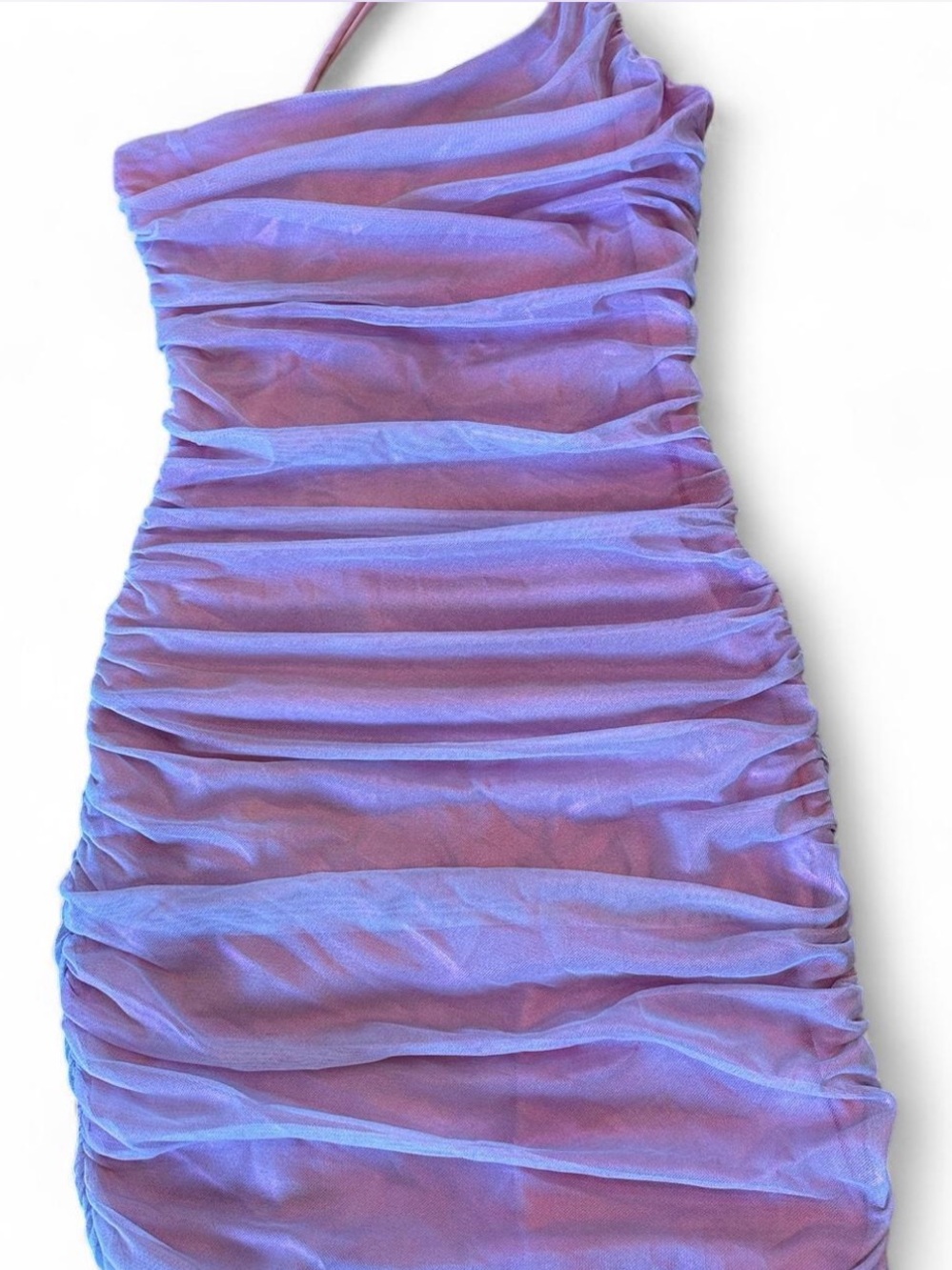 *Like New* LUCY IN THE SKY Opalescent Ruched Mesh Overlay Off Shoulder Dress — S